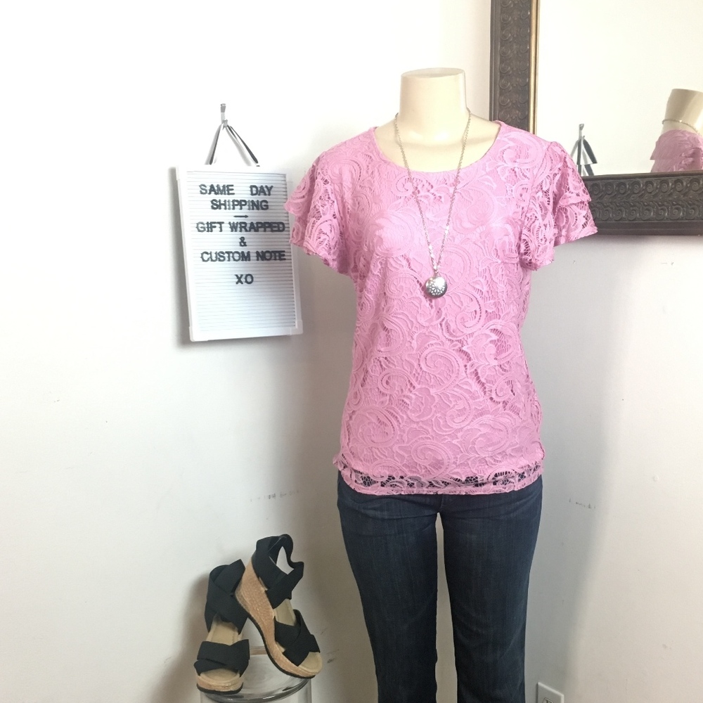 NWT! ADRIANNA PAPELL ROSEY RUFFLE SLV LACE TOP MED